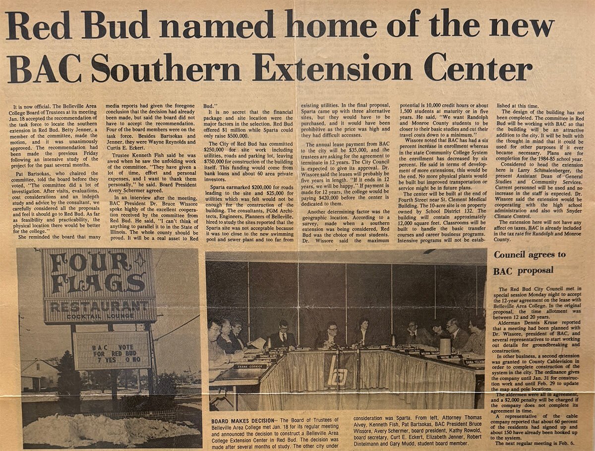 Newspaper Headline: Red Bud named home of the new BAC Southern Extension Center