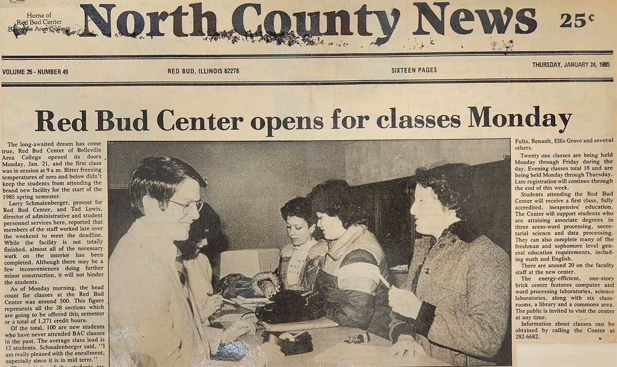 Newspaper Headline: Red Bud Center opens for classes Monday