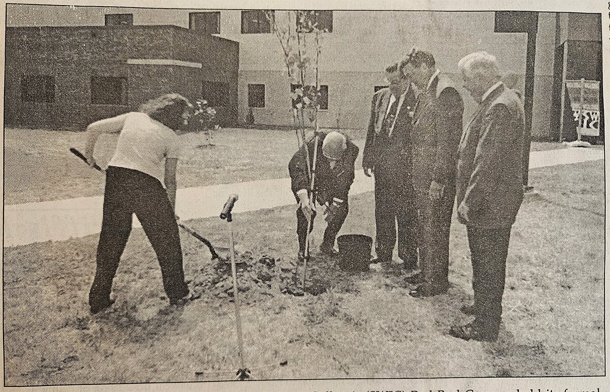 Newspaper displaying Red Bud faculty and staff planting trees on campus
